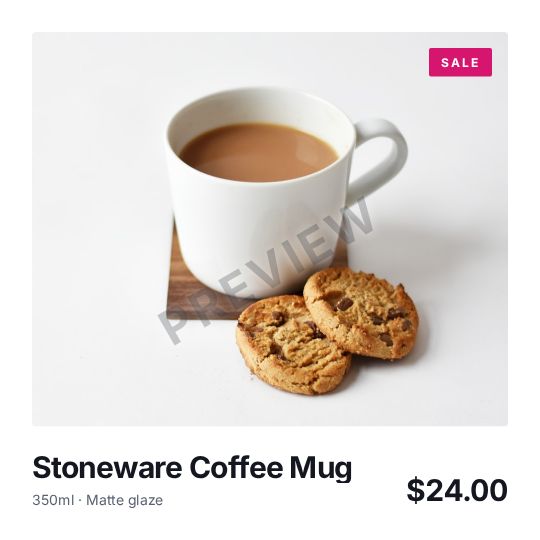 Live render from the API: a product card for a stoneware coffee mug